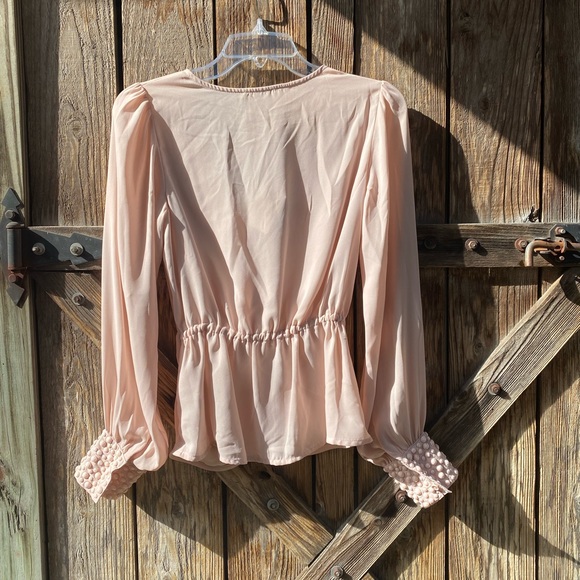 Alythea V-Neck Gathered Knot Jeweled Cuff Top - Picture 2 of 10